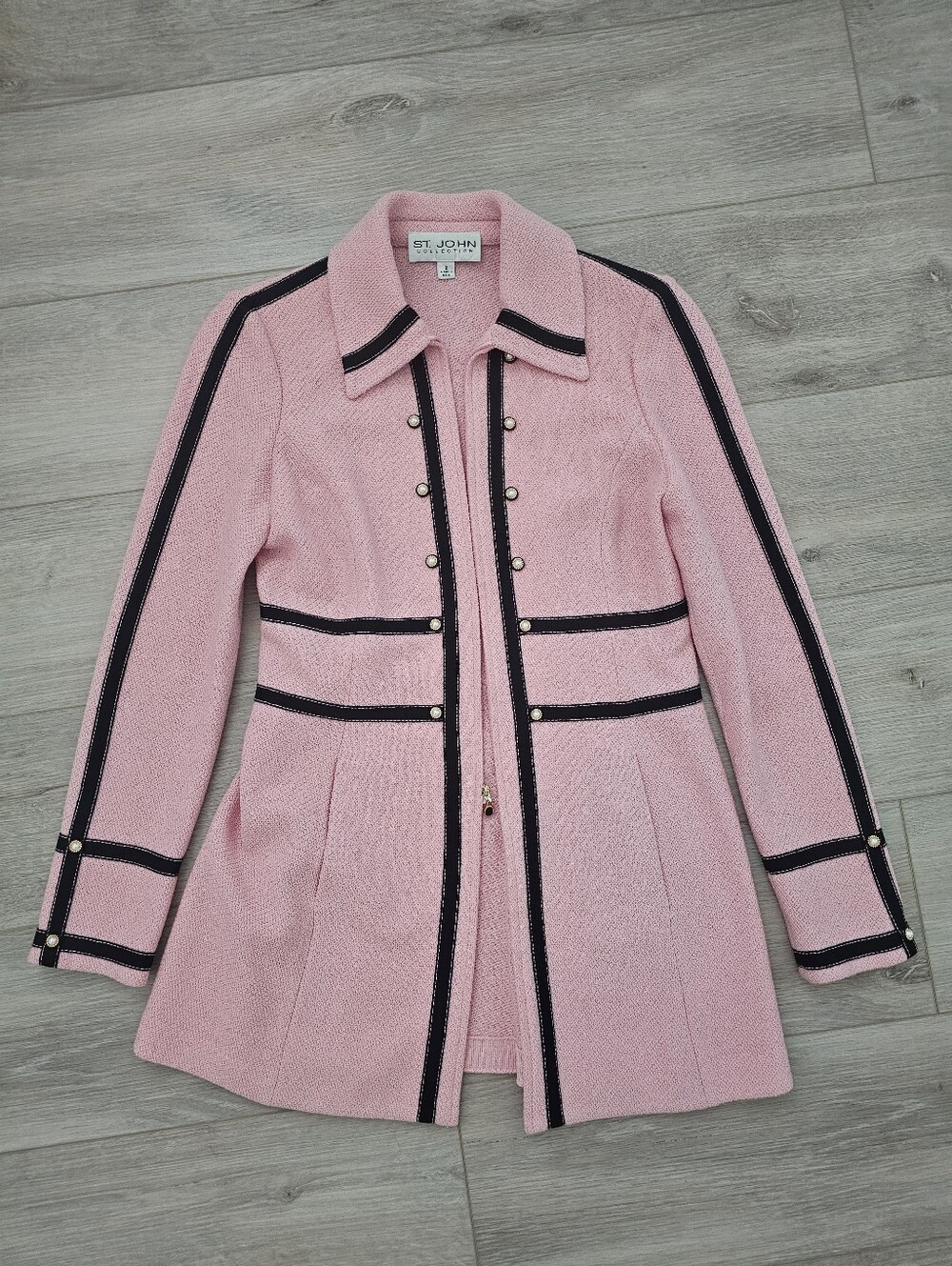 St. John Collection Pink Santana Knit Jacket Gold Button Longline Sz 2